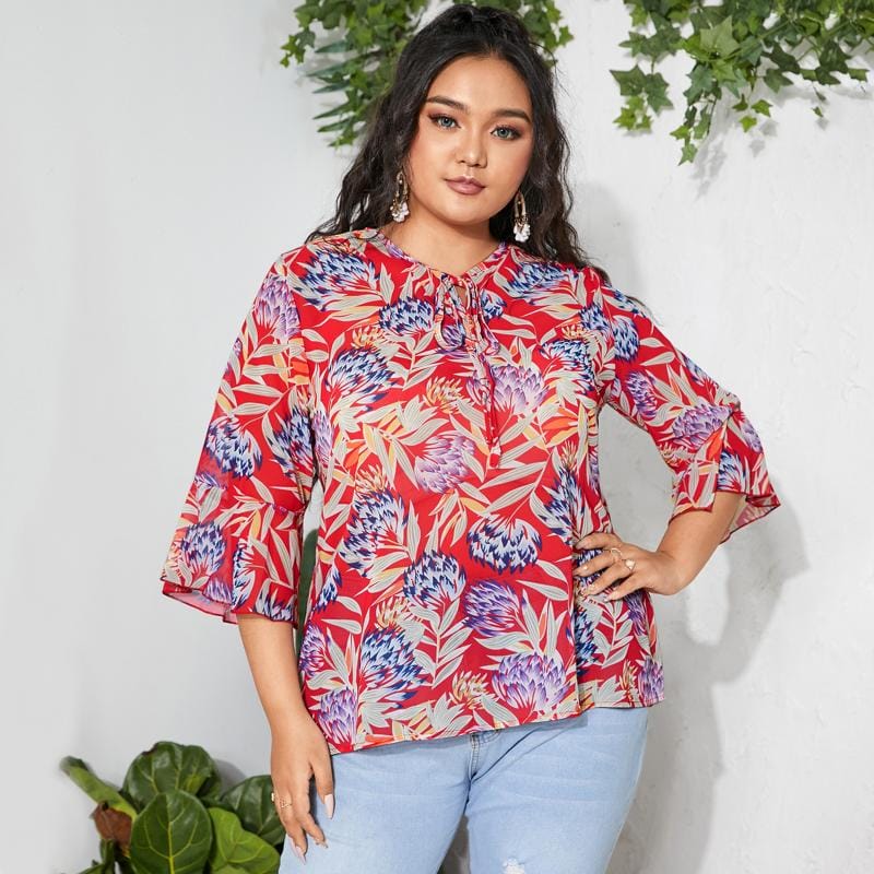 Womens Summer Tops T-Shirt Retro Print 3/4 Sleeve See Through Chiffon Shirts ZANZEA S4621877 - Tuzzut.com Qatar Online Shopping