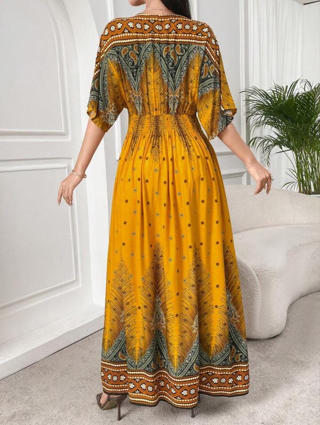 Al Najma Elegant Vintage Printed Sleeve Long Dress B-155670 Al Najma Elegant Vintage Printed Sleeve Long Dress B-155670