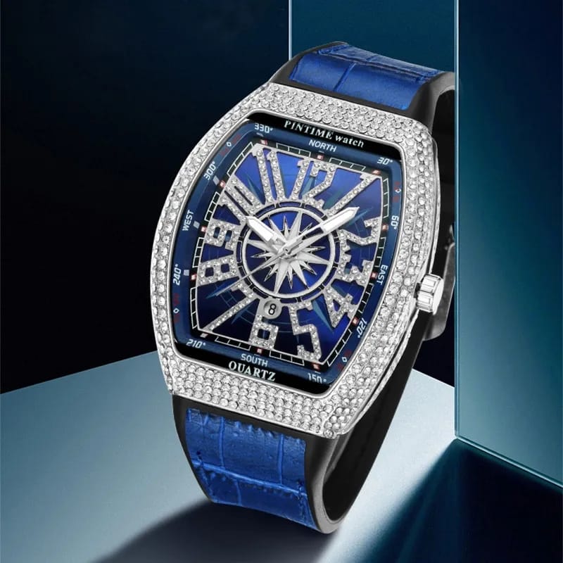 PINTIME Men's Watches Luxury Tonneau Type Metal Shinning CZ Case Rubber Strap Fashion Quartz Wristwatch Male Clock Relogio Gifts W412659 - Tuzzut.com Qatar Online Shopping