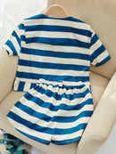 2 Pcs Women's Short Sleeve Striped/Checked/Polkadot/Weave Shorts Set 2XL 477761 - TUZZUT Qatar Online Shopping