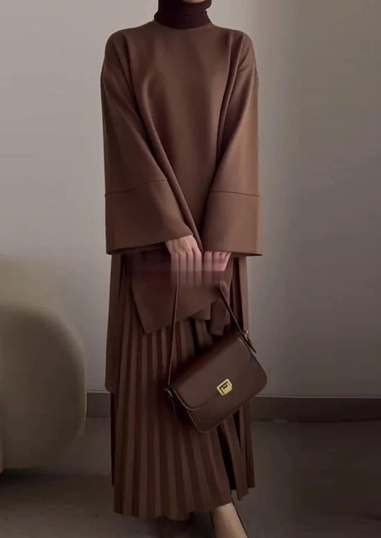 Elegant Round Neckline Wide Sleeves Pleated Skirt Mid-length Two-Piece Outfit 142968 - TUZZUT Qatar Online Shopping