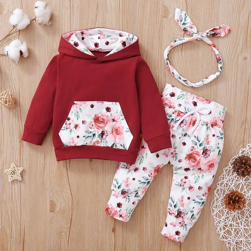 Autumn Baby Girls Clothes Sets 2pcs Long Sleeve Hooded Floral 6-9M 20173967 - Tuzzut.com Qatar Online Shopping