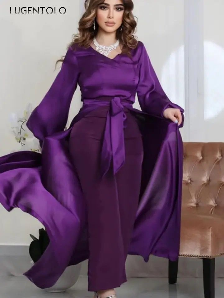 Women Sexy Party Jumpsuits Poncho 2-piece Long Sleeve V-neck Purple Lady Elegant High Waist Lace-up Dance Wide-leg Pants Sets XL S4896175 - Tuzzut.com Qatar Online Shopping
