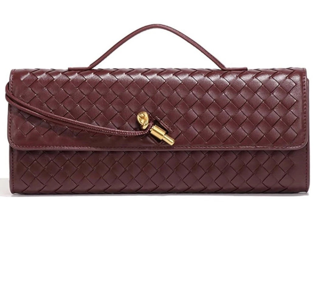 Woven Leather Clutch Top Handle Long Shoulder Bag B1893 Woven Leather Clutch Top Handle Long Shoulder Bag B1893