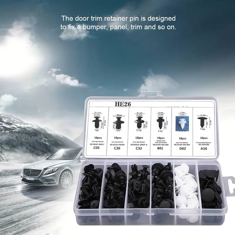 100pcs HE26 Car Bumper Retainer Clips & Nylon Fasteners Rivet Kit 100pcs HE26 Car Bumper Retainer Clips & Nylon Fasteners Rivet Kit