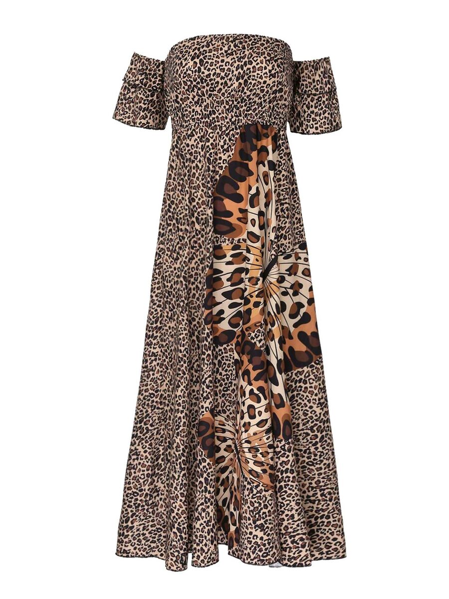 Women Fashion Off Shoulder Ruffles Maxi Dress Butterfly Leopard Print Pleated Dress 290336 Women Fashion Off Shoulder Ruffles Maxi Dress Butterfly Leopard Print Pleated Dress 290336