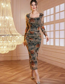 Modely Net Fabric Printed Square Neck Pleated Fitted Midi Dress For Women Maxi Women Outfit Long Evening Dresses    B92410 - TUZZUT Qatar Online Shopping