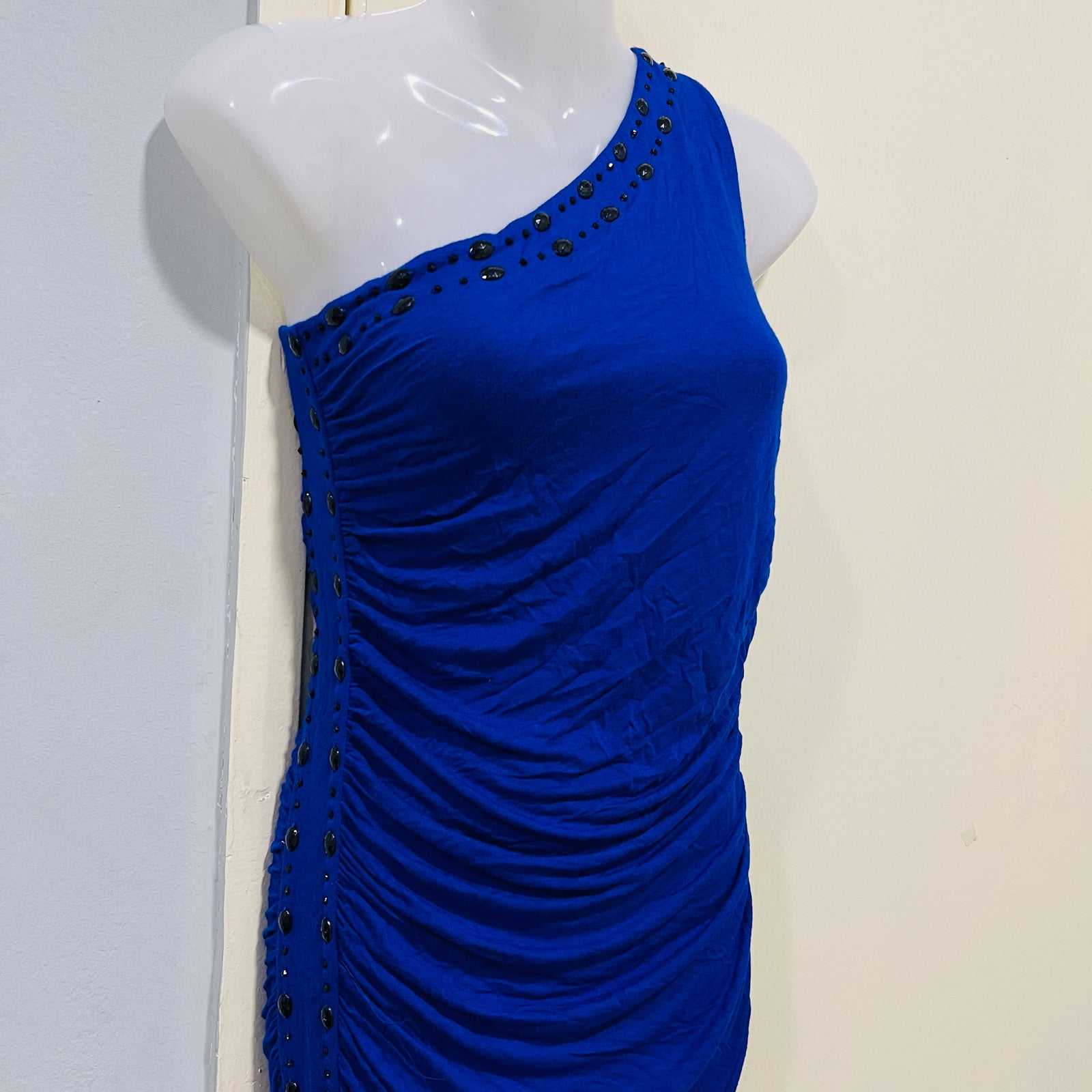 Women's Summer Mini Dress Sleeveless Blue One Shoulder Front Ruched Dress S5027984 Women's Summer Mini Dress Sleeveless Blue One Shoulder Front Ruched Dress S5027984