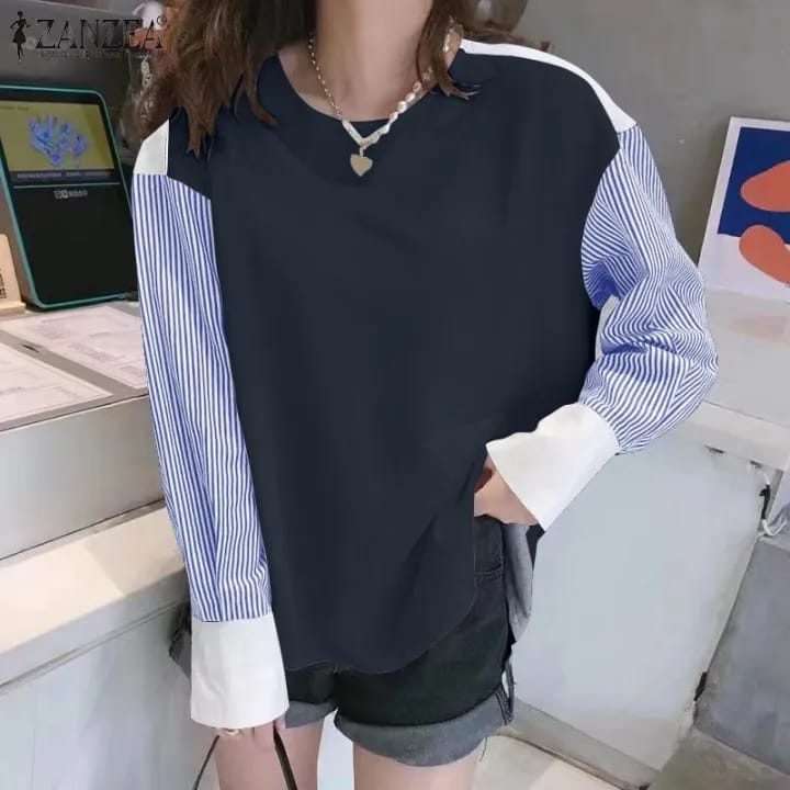 Women Casual Loose Tops Striped Shirt Long Sleeve O-Neck Tops A9478891 Women Casual Loose Tops Striped Shirt Long Sleeve O-Neck Tops A9478891