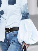 Long Sleeves Loose Buttoned Leaves Print High-Neck Blouses&Shirts Tops L 127607 - TUZZUT Qatar Online Shopping