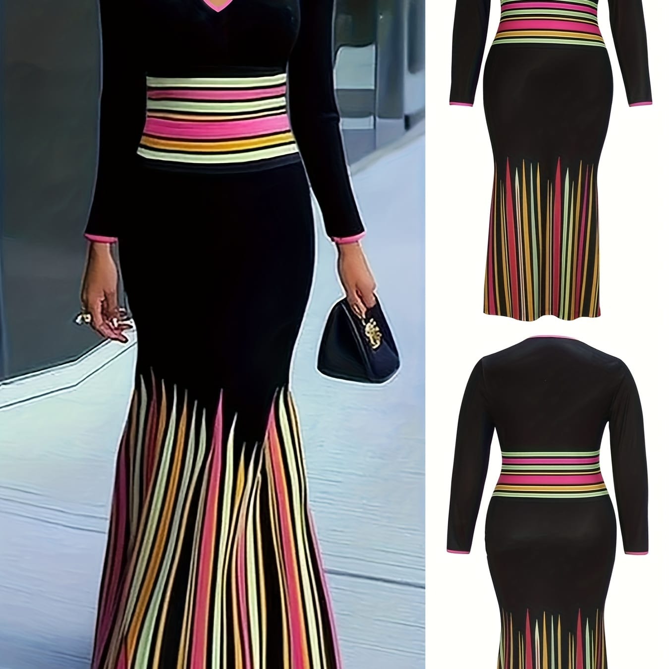 Long Sleeves Skinny Colorful Contrast Color Striped V-Neck Maxi Dresses 174661 Long Sleeves Skinny Colorful Contrast Color Striped V-Neck Maxi Dresses 174661