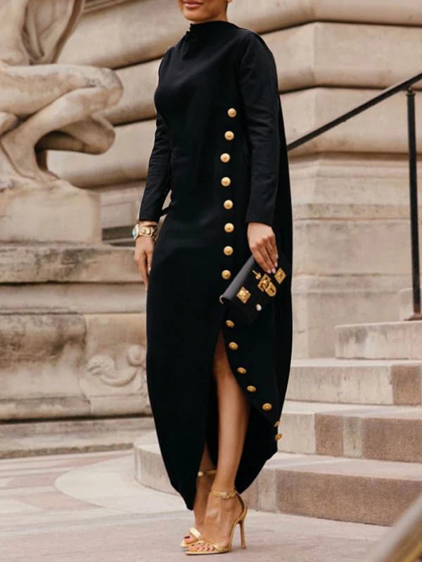 Long Sleeves Loose Asymmetric Buttoned Split-Joint Split-Side Mock Neck Maxi Dresses 173681 Long Sleeves Loose Asymmetric Buttoned Split-Joint Split-Side Mock Neck Maxi Dresses 173681