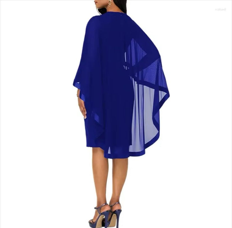 Cape Sleeve Round Neck Dress Formal Wedding Ladies Party Wear 489753 M - TUZZUT Qatar Online Shopping