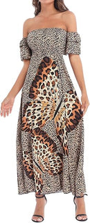 Women Fashion Off Shoulder Ruffles Maxi Dress Butterfly Leopard Print Pleated Dress    290336 - TUZZUT Qatar Online Shopping