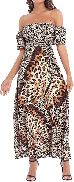 Women Fashion Off Shoulder Ruffles Maxi Dress Butterfly Leopard Print Pleated Dress 290336 Women Fashion Off Shoulder Ruffles Maxi Dress Butterfly Leopard Print Pleated Dress 290336