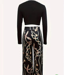 Women's Polyester Knit Chain Print High-Waist Wide Leg Pantsuit with Long Sleeve - TUZZUT Qatar Online Shopping