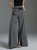 Loose Wide Leg High-Waisted Pleated Split-Front Pants Trousers 124092 - TUZZUT Qatar Online Shopping