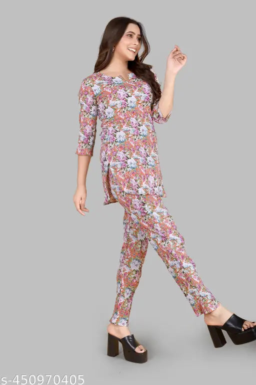 Women's Beautiful Delta Cotton Mix Fabric Printed Night suit Co-Ord Set - VKT400