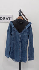 Women's Denim Coat Lapel Patchwork Pocket Single Breasted Belt Fake Two Piece Shirt Jackets 79128 - TUZZUT Qatar Online Shopping