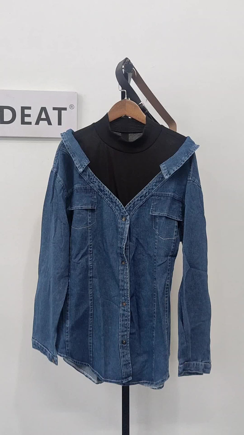 Women's Denim Coat Lapel Patchwork Pocket Single Breasted Belt Fake Two Piece Shirt Jackets 79128 - TUZZUT Qatar Online Shopping