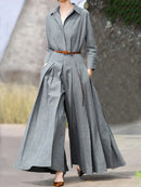 Long Sleeves Wide Leg Pleated Lapel Jumpsuits 127735 - TUZZUT Qatar Online Shopping