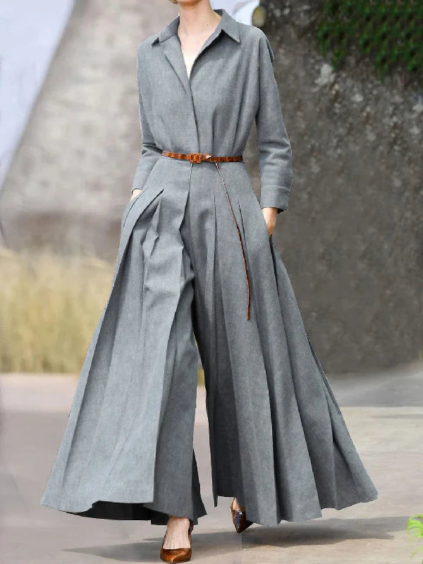Long Sleeves Wide Leg Pleated Lapel Jumpsuits 127735 - TUZZUT Qatar Online Shopping