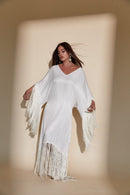 Elegant Fringe Patchwork Solid Long Dress Lady Sexy Off Shoulder Loose Party Dress Fashion Hanging Neck Coat Sleeve Maxi Dress   S1926450 - TUZZUT Qatar Online Shopping