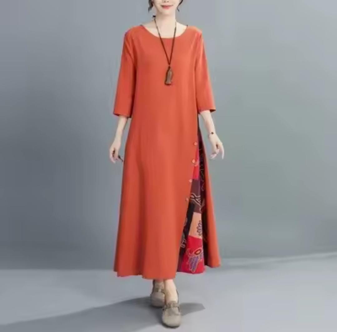 Women's Fashion Print Round Neck Long Dress B-160038 Women's Fashion Print Round Neck Long Dress B-160038