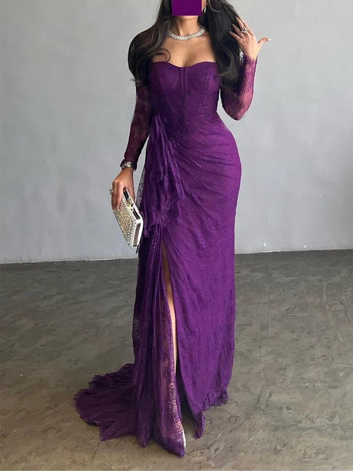 Long Sleeves Mermaid Mesh See-Through Split-Side Square-Neck Evening Dresses Maxi Dresses 141875 - TUZZUT Qatar Online Shopping