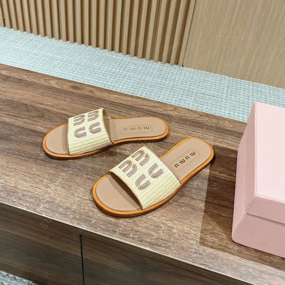 Raffia Effect Fabric Slippers Apricot SL37 Raffia Effect Fabric Slippers Apricot SL37