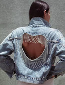 Female Denim Jacket Light Blue Diamond Tassel Coat   S5069821 - TUZZUT Qatar Online Shopping