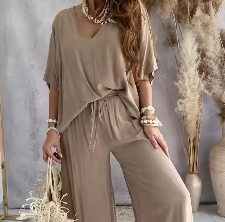 Women's V-Neck Bat Sleeve Casual Loose Wide Leg Pants Set Solid Homewear Summer 2 Way Trousers Sets B264661 Women's V-Neck Bat Sleeve Casual Loose Wide Leg Pants Set Solid Homewear Summer 2 Way Trousers Sets B264661