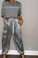 Women's Long Pants Sets Half Sleeve Top Pants Suit Casual Sportswear Summer Pants Set with Pocket   B267846 - TUZZUT Qatar Online Shopping