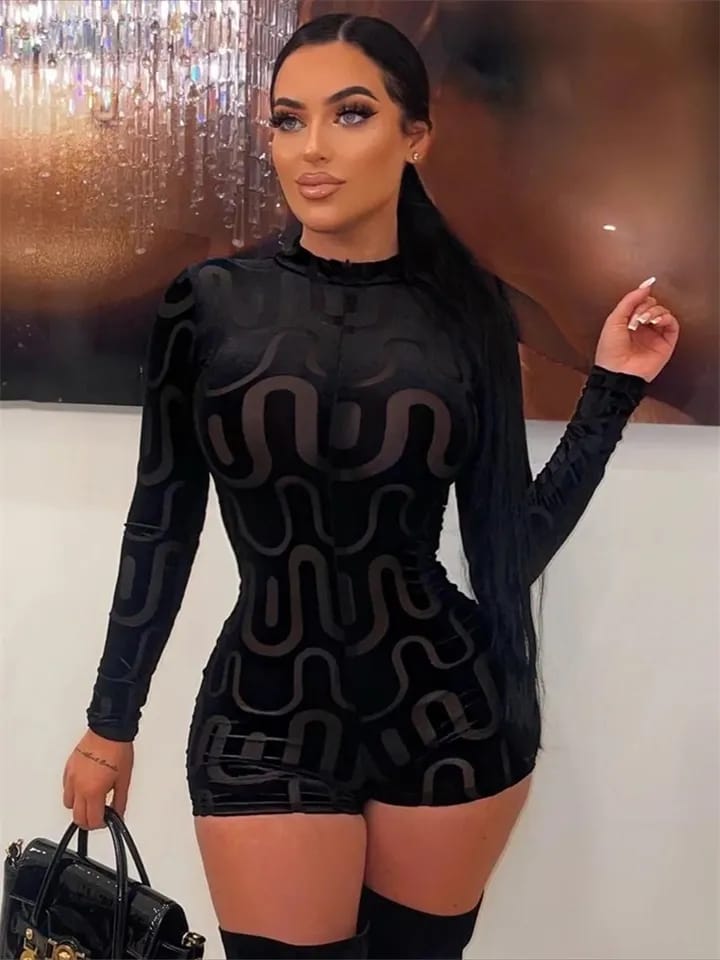 Casual velvet Fashion Rompers Playsuits Long Sleeve Streetwear Fall Outfits Bodycon Black Print Jumpsuit One Pieces L S4798578 - Tuzzut.com Qatar Online Shopping