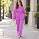Orchid Purple Pleated Blouse & Trouser Set with belt MC-A47