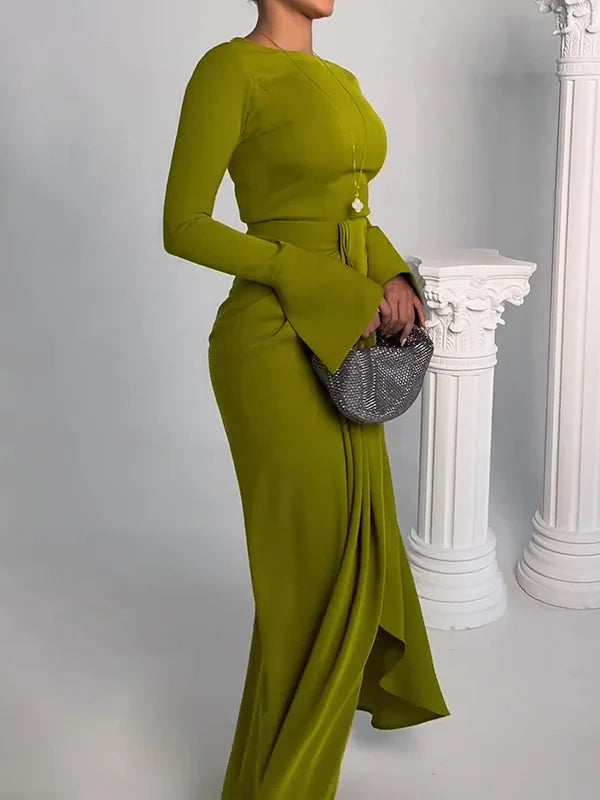 Bodycon Irregularity Solid Color Split-Front Round-Neck Maxi Dresses 135016 Bodycon Irregularity Solid Color Split-Front Round-Neck Maxi Dresses 135016