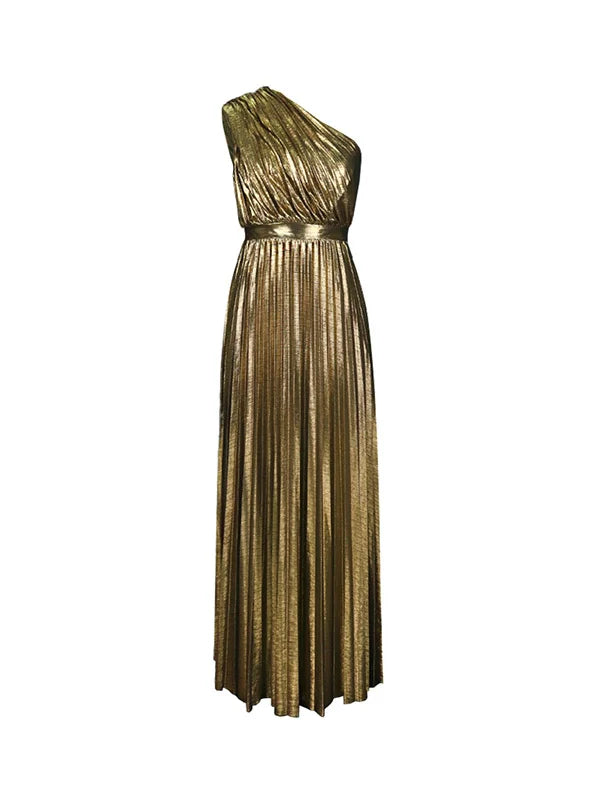 High Waisted Loose Asymmetric Pleated Shiny Maxi Dresses S 145864 High Waisted Loose Asymmetric Pleated Shiny Maxi Dresses S 145864