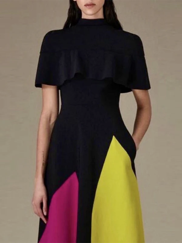 Short Sleeves Contrast Color Stand Collar Maxi Dress 153678 Short Sleeves Contrast Color Stand Collar Maxi Dress 153678