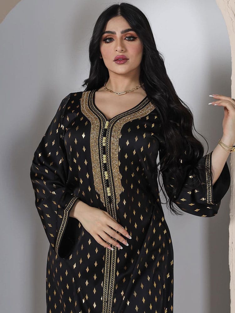 Diamond Abaya Arab Evening Long Dress Women Gold Stamping Muslim Moroccan Kaftan Dubai Saudi Gulf Jalabiya Black Abayas S4536557 - Tuzzut.com Qatar Online Shopping