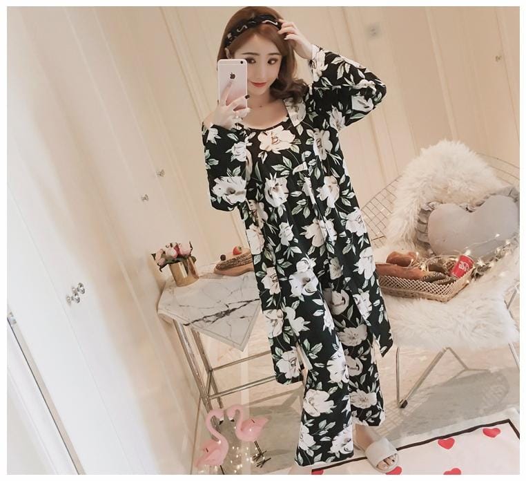 3 Piece Pajama Set Women Floral Printed Sleepwear Autumn Women's Clothing Sling Top Pants Long Robe Pajamas Sets Nightwear Suit X3178637 3 Piece Pajama Set Women Floral Printed Sleepwear Autumn Women's Clothing Sling Top Pants Long Robe Pajamas Sets Nightwear Suit X3178637