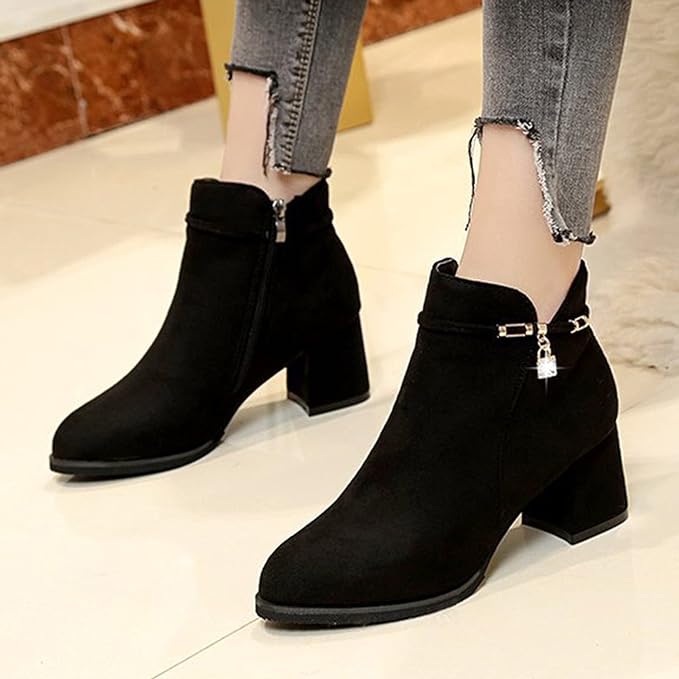 Women's Solid Color Mid Calf Boots Retro Chunky High Heels Pointed Toe Side Zipper Booties 37 - Tuzzut.com Qatar Online Shopping