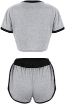 Women Loose Spots Two piece crop Top Shorts  Yoga Wear Pajama Set 29431