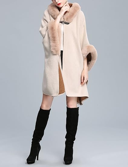 Women's Luxury Batwing Sleeve Faux Fur Hooded Cloak Poncho Sweater Cape 57459 Women's Luxury Batwing Sleeve Faux Fur Hooded Cloak Poncho Sweater Cape 57459