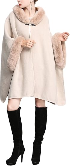 Women's Luxury Batwing Sleeve Faux Fur Hooded Cloak Poncho Sweater Cape 57459 Women's Luxury Batwing Sleeve Faux Fur Hooded Cloak Poncho Sweater Cape 57459