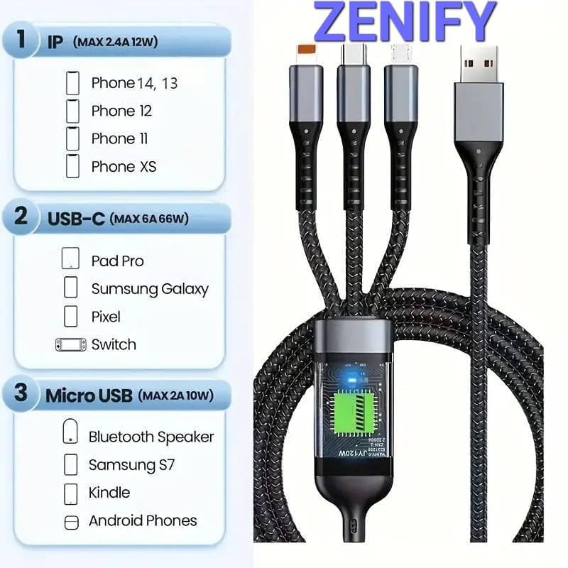 3 In 1 Super Fast Charging Usb Cable (Lightning- Type C- Micro) S224 3 In 1 Super Fast Charging Usb Cable (Lightning- Type C- Micro) S224