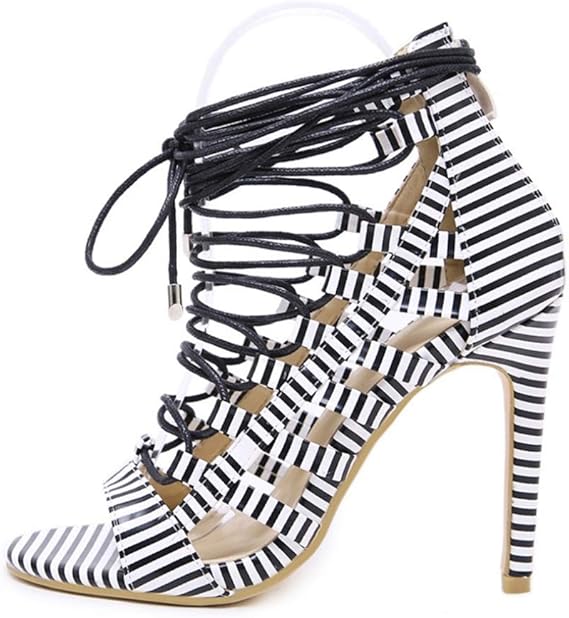 Strappy Lace Up Striped Peep Toe Stilettos Pumps High Heels PL4698 Strappy Lace Up Striped Peep Toe Stilettos Pumps High Heels PL4698