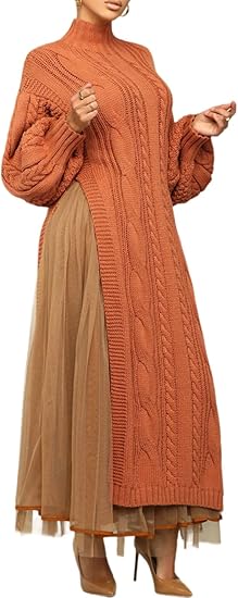 Long Lantern Sleeve Slit Sweater Dress and Maxi Tulle Skirt Set 75991 Long Lantern Sleeve Slit Sweater Dress and Maxi Tulle Skirt Set 75991