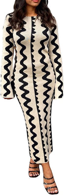 Knit Bodycon Dress for Women Long Sleeve Wave Printed Maxi Dress Backless Crochet Knit Long Dresses 125225