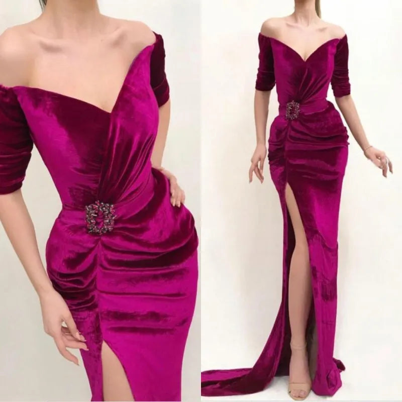 Velvet Mermaid Prom Dresses Off Shoulder Half Sleeves Pleats Side Split Evening Dress 440IJC Velvet Mermaid Prom Dresses Off Shoulder Half Sleeves Pleats Side Split Evening Dress 440IJC