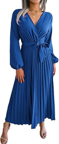 Women Elegant V Neck Long Sleeve Pleated Maxi Dress 7001 - TUZZUT Qatar Online Shopping